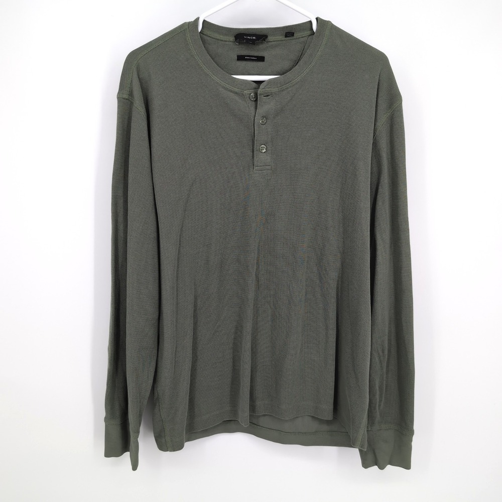 Vince Henley Shirt Olive Green Pima Cotton Waffle Knit Mens Large